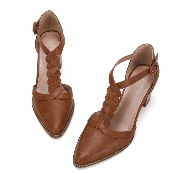 Womens Block Chunky Heels T Strap Dress Shoes Closed Toe Braided Stacked Heeled - Picture 6 of 7